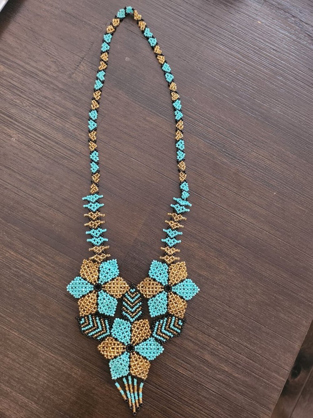 New Huichol Aqua Blue, Gold & Black 3 Flower Beaded 11 "Necklace Handmade - Picture 2 of 2